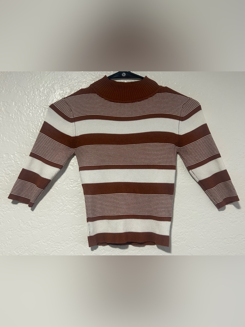 The Slope, Brooklyn NY- Striped Brown & Cream Ribbed Turtleneck Sweater